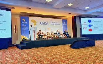 Pact's Thomas Mugala presents at the 11th AfrEA conference in Kigali, Rwanda, in March 2024. Credit: Jackie Kasuya/Pact
