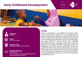 A screen shot of the top portion of a fact sheet called "early childhood development" that includes a picture of a young girl in a pink headscarf playing with a younger child in a yellow shirt.