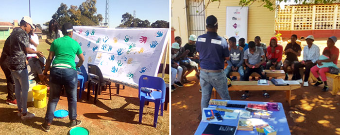 At left, HOOP hosts a unity art activity. At right, a HOOP program officer addresses a community meeting in the Lubumbo region. 