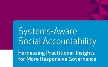 A blue box that reads, "Systems-aware social accountability: Harnessing practitioner insights for more responsive governance" appears over a larger aubergine box.