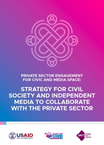 Document cover image in a blue to pink gradient that reads "Private sector engagement for civic and media space: Strategy for civil society and independent media to collaborate with the private sector"