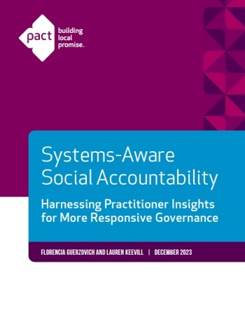 Document cover image in blue and aubergine that reads: "Systems-Aware Social Accountability: Harnessing Practitioner Insights for More Responsive Governance", December 2023