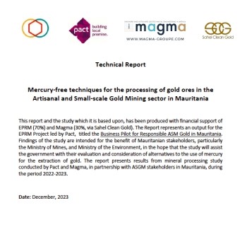 The cover of a report entitled, "Mercury-free techniques for the processing of gold ores in the artisanal and small-scale gold mining sector in Mauritania".